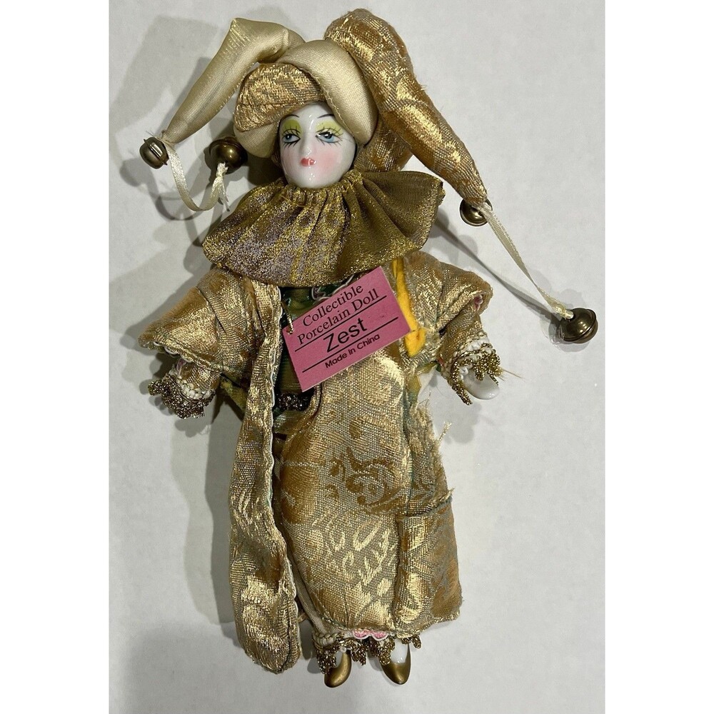 Collectible Porcelain Jester Doll By Zest Attached Tag 9 Inches